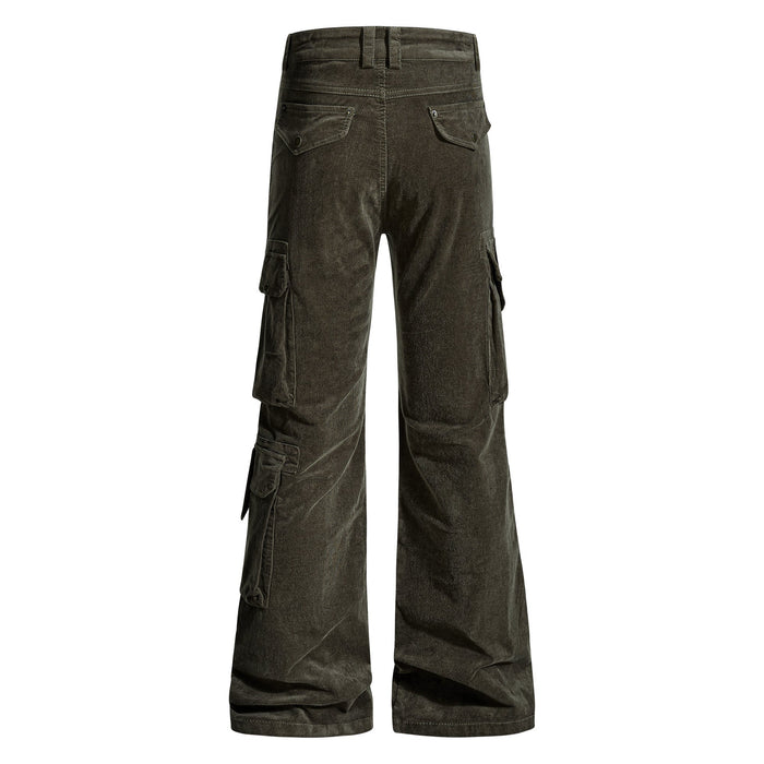Olive green flared cargo pants, back view with rear flap pockets