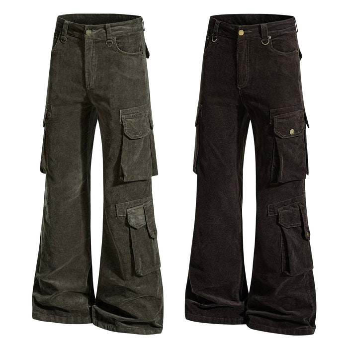Side by side front views of olive green and black flared cargo pants