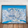 A framed image of Wengen, Switzerland in the style of a simple and modern golf course map