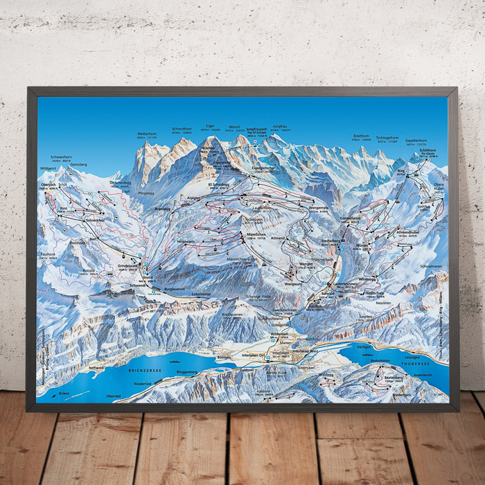 A framed image of Wengen, Switzerland in the style of a simple and modern golf course map