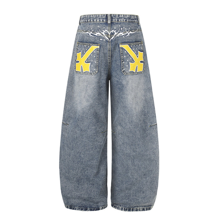 Wide-Leg Baggy Jeans with Cross Pocket Embroidery & Washed Distressed Finish