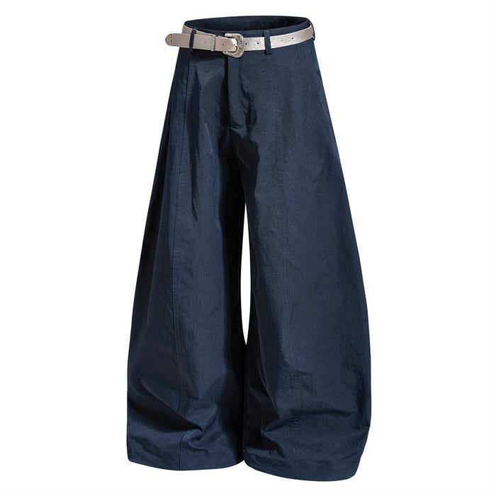 Navy high-waist barrel trousers shown from the front with a contrasting belt