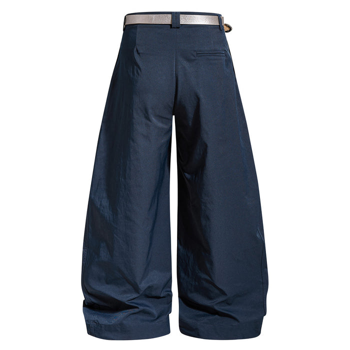 Navy barrel trousers shown from the back with a small welt pocket and belt