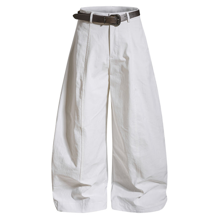 White wide-leg barrel trousers shown from the front with a dark buckle belt