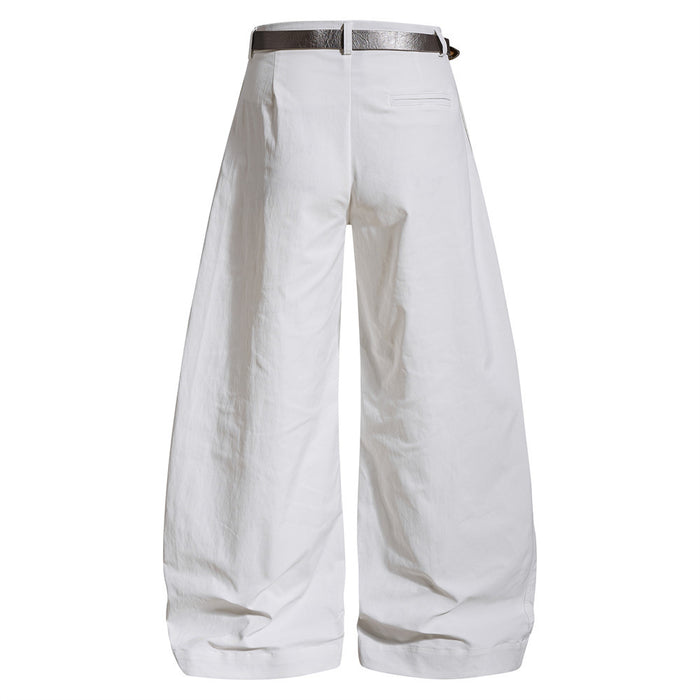 White wide-leg trousers shown from the back with a belt and rear welt pocket