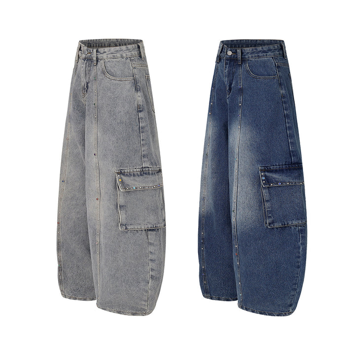 Side comparison of gray and dark blue wide-leg cargo jeans with flap pockets and rhinestone seam accents