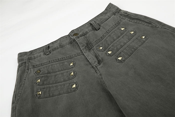 Wide-Leg Cargo Pants with Gold Pyramid Studs – Punk Workwear Straight-Cut