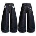Front and back view of dark indigo wide-leg denim pants with contrast stitching, exposed light-wash pocket lining, and back b