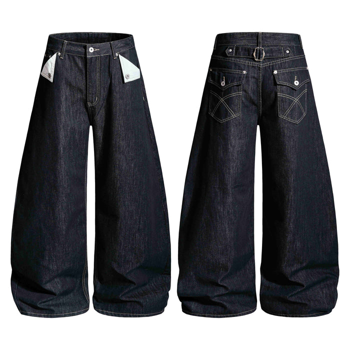Front and back view of dark indigo wide-leg denim pants with contrast stitching, exposed light-wash pocket lining, and back b