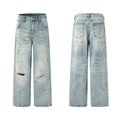 Men's wide-leg light wash distressed jeans with zebra bleach pattern and knee rips, front and back view