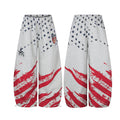 Gray wide-leg pants shown front and back with navy stars, red brushstroke stripes, and a crest patch