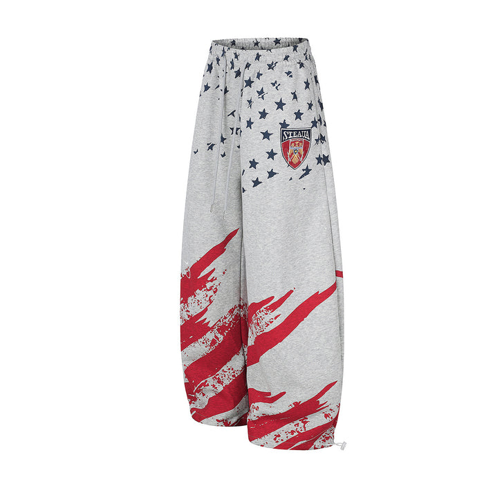 Angled front view of gray wide-leg star-print pants with red brushstroke stripes and crest patch