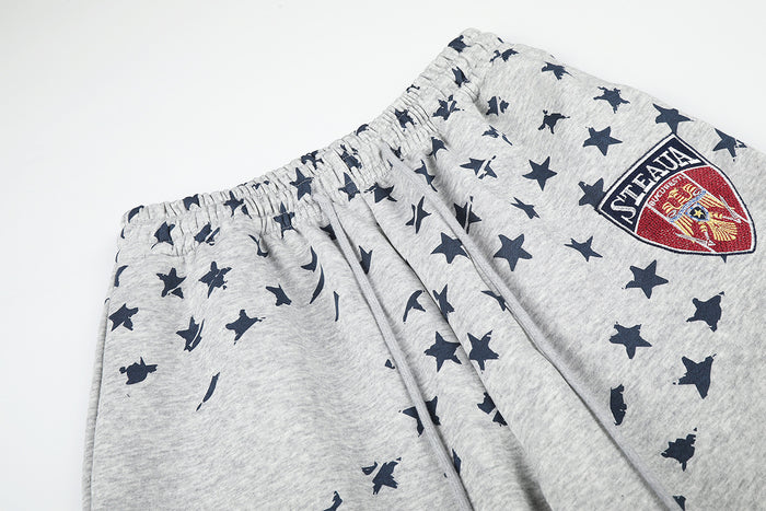 Close-up of the elastic waistband, navy star print, and crest patch on gray pants