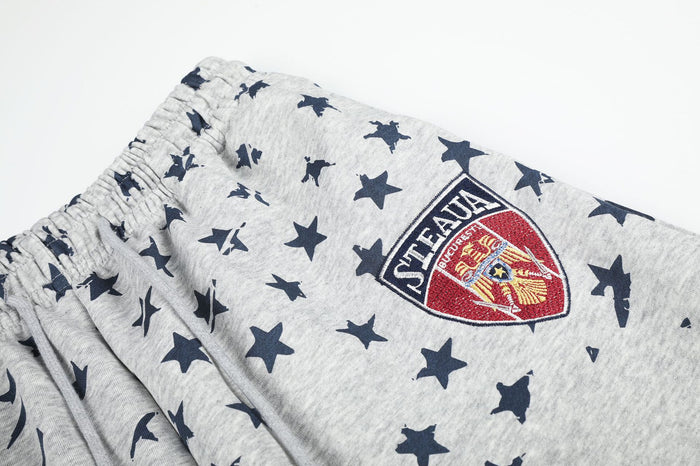 Detailed view of the crest patch surrounded by navy stars on the gray pants fabric