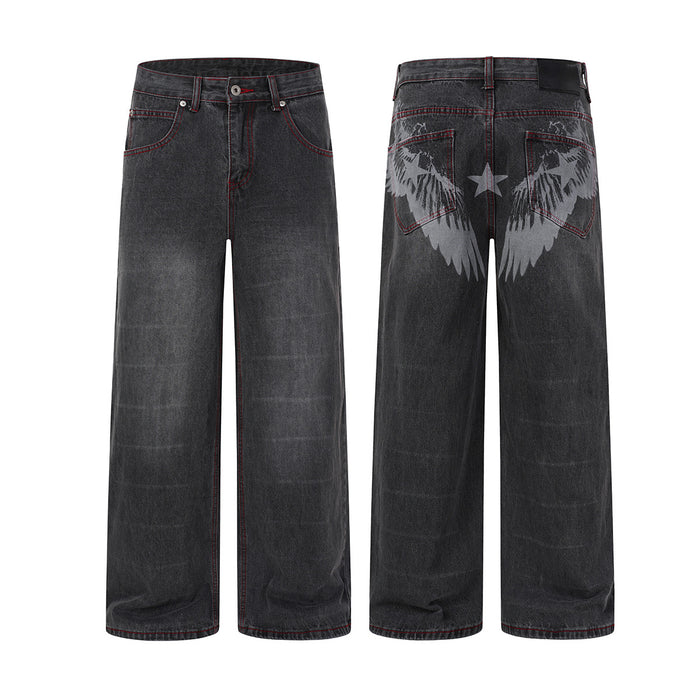 Washed black wide-leg jeans shown front and back, with red contrast stitching and gray wing prints with a center star