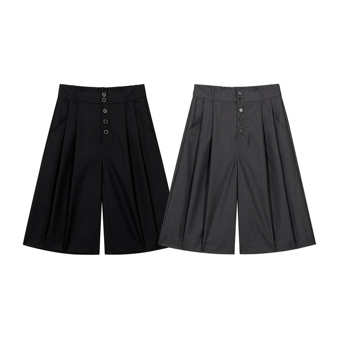Wide-leg pleated culottes shorts in black and charcoal grey with button fly and high waist