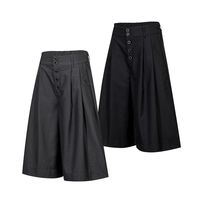 Black wide-leg culottes shorts shown in front and angled back views with pleats and button fly