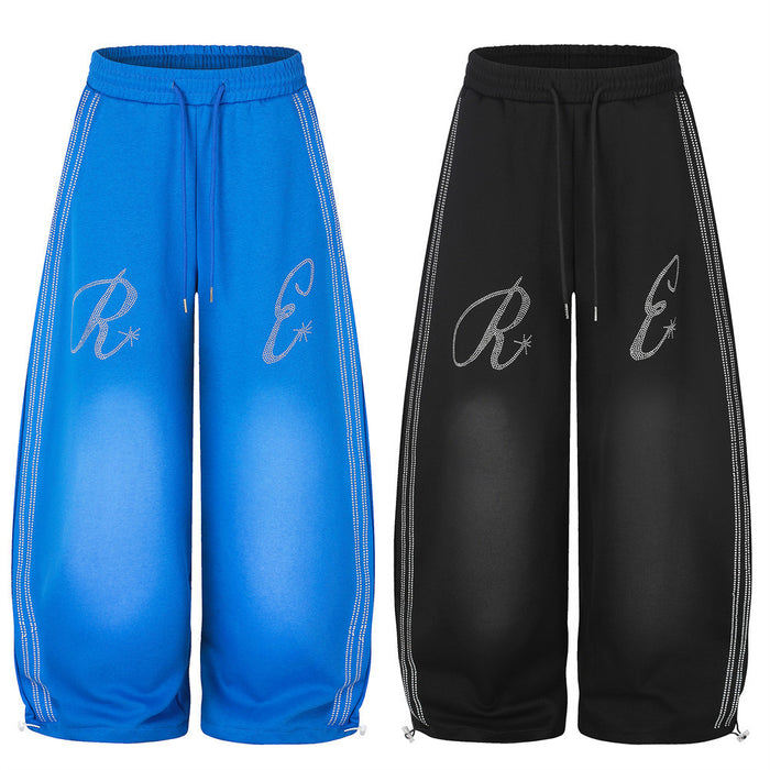 Wide-Leg Rhinestone Letter Sweatpants – Oversized Streetwear Jogger Pants for