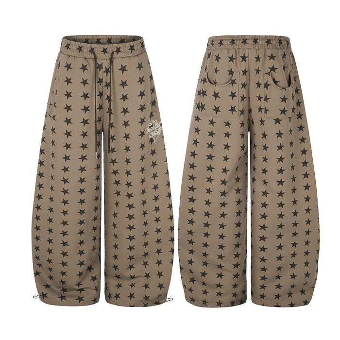 Taupe wide-leg sweatpants shown front and back with an allover black star print