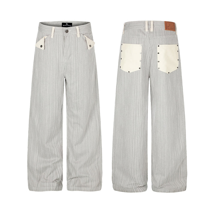 Wide-leg gray and white striped jeans shown front and back with contrasting cream pockets