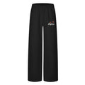 Front view of black wide-leg sweatpants with an elastic waistband and embroidered thigh logo