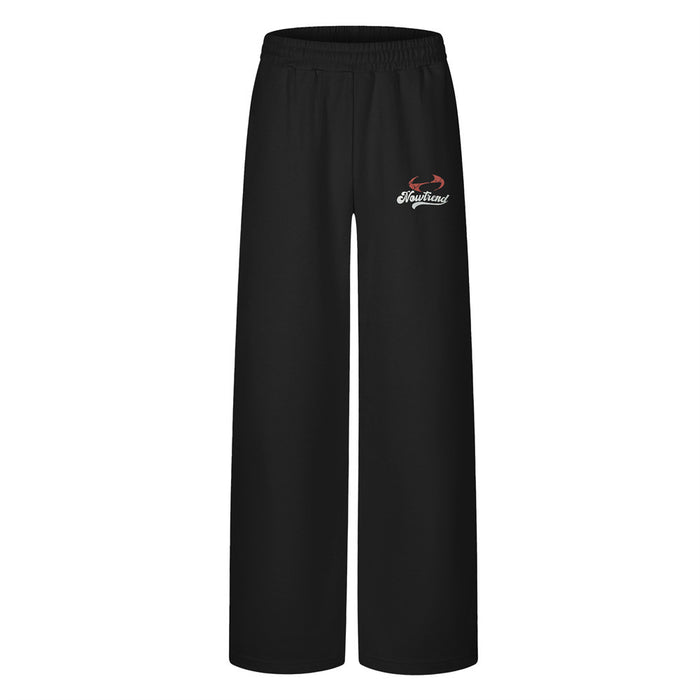 Front view of black wide-leg sweatpants with an elastic waistband and embroidered thigh logo
