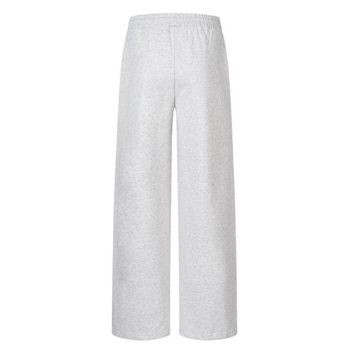 Gray wide-leg sweatpants shown from the plain back with an elastic waistband and relaxed full-length legs