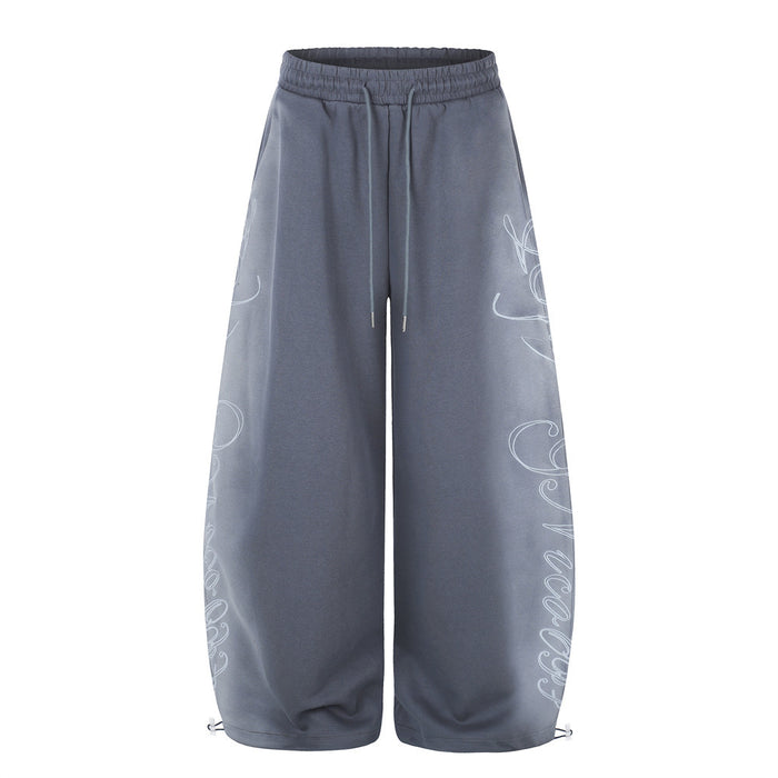 Wide-Leg Sweatpants with Cursive Script Print and Drawstring Hem