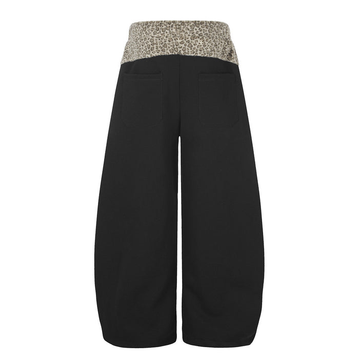 Wide-Leg Sweatpants with Leopard Print Waistband & Star Patch Embroidery
