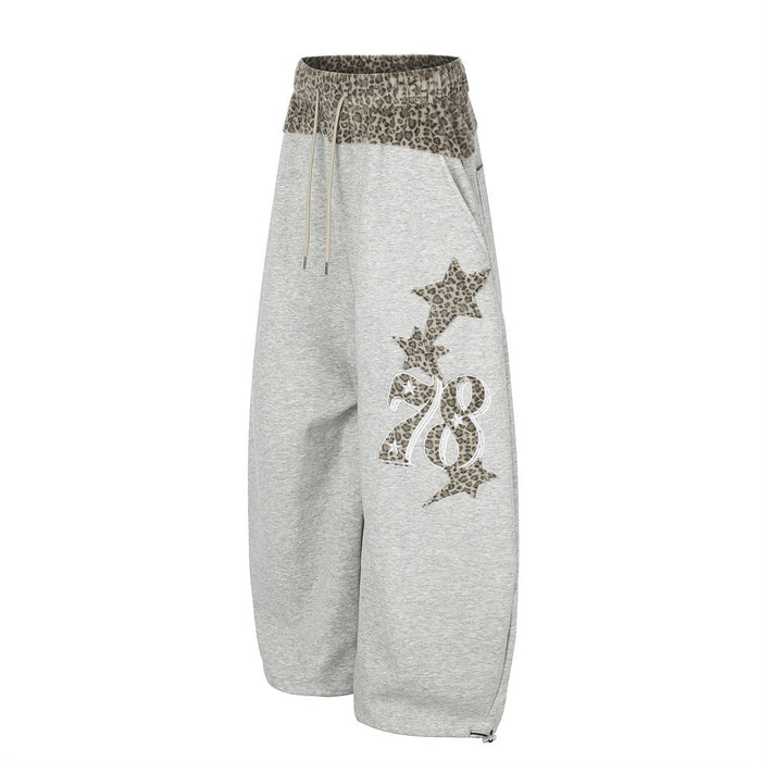 Wide-Leg Sweatpants with Leopard Print Waistband & Star Patch Embroidery