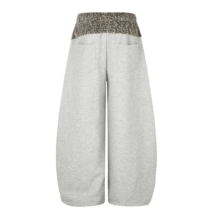 Wide-Leg Sweatpants with Leopard Print Waistband & Star Patch Embroidery