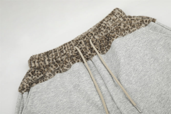 Wide-Leg Sweatpants with Leopard Print Waistband & Star Patch Embroidery