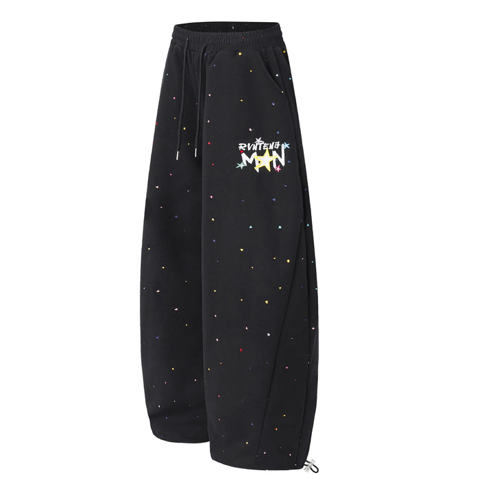 Wide-Leg Sweatpants with Star Embroidery & Paint Splatter Print