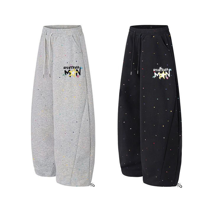 Wide-Leg Sweatpants with Star Embroidery & Paint Splatter Print