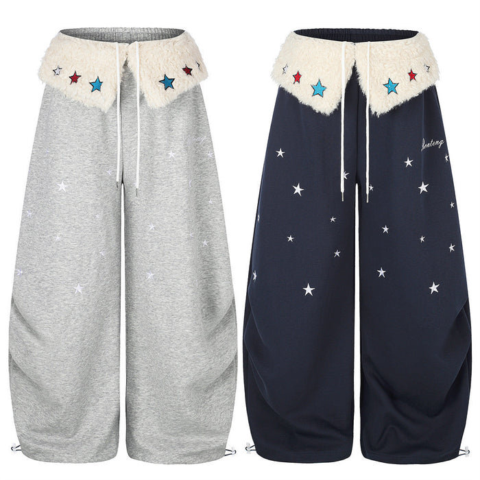 Wide-Leg Sweatpants with Star Embroidery & Sherpa Fold-Over Waistband