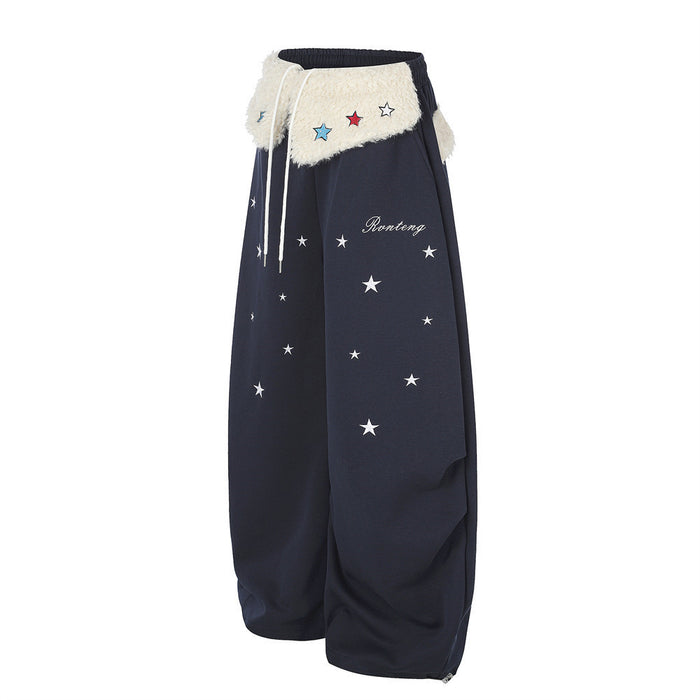 Wide-Leg Sweatpants with Star Embroidery & Sherpa Fold-Over Waistband