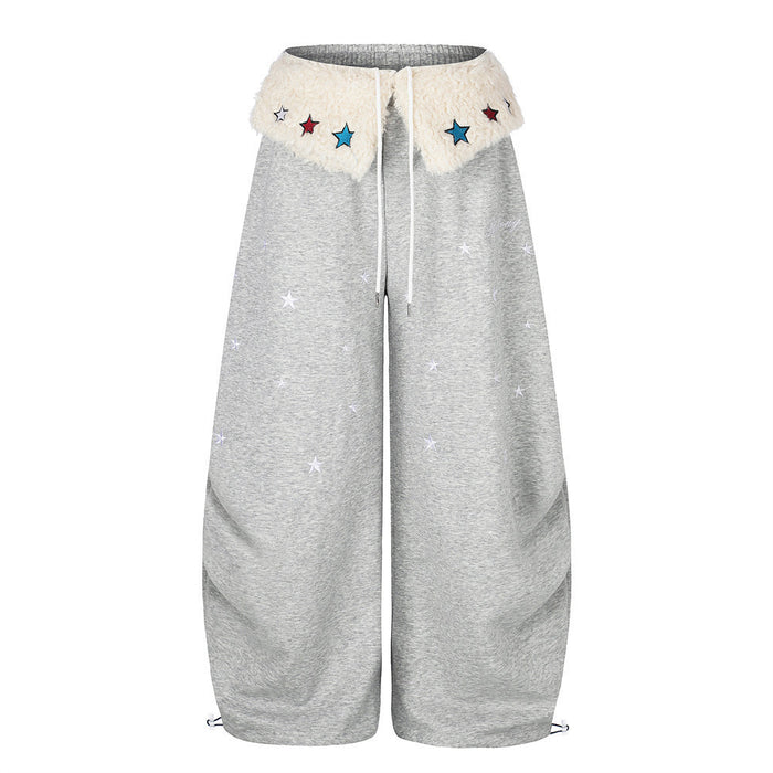 Wide-Leg Sweatpants with Star Embroidery & Sherpa Fold-Over Waistband