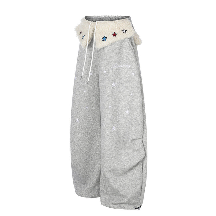 Wide-Leg Sweatpants with Star Embroidery & Sherpa Fold-Over Waistband