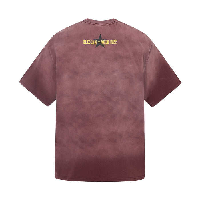 Vintage washed maroon graphic T-shirt with bleached star back print and relaxed streetwear fit