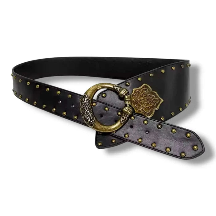 Women's Black Asymmetrical Belt flat lay on white background
