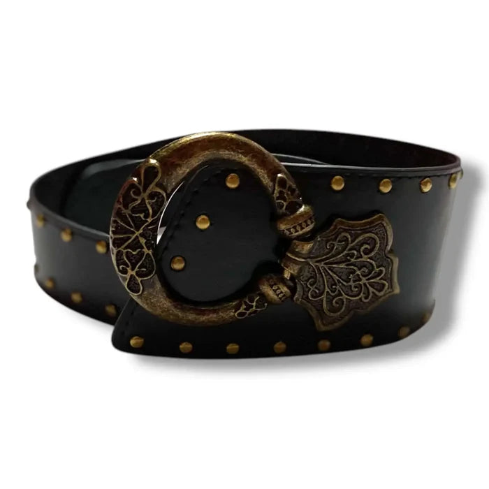 Women's Black Asymmetrical Belt curled up flat lay on white background