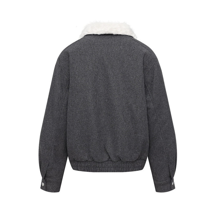 Wool Bomber Jacket Men – Shearling Collar, Metal Clasp Closure, Charcoal