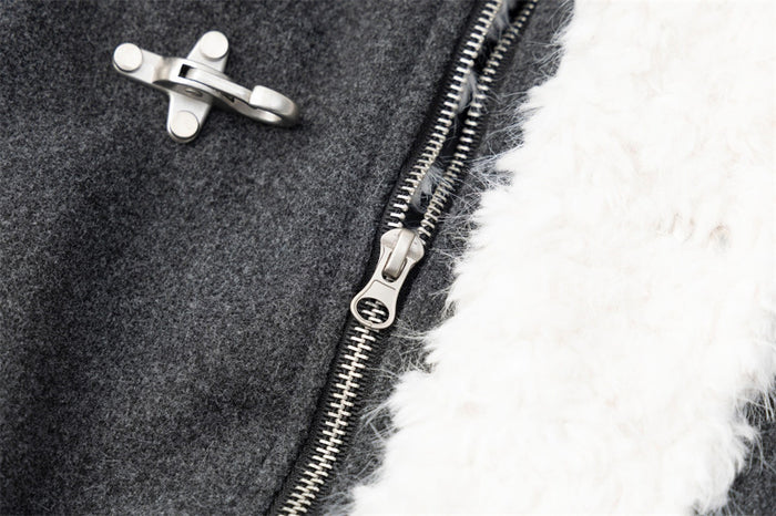 Wool Bomber Jacket Men – Shearling Collar, Metal Clasp Closure, Charcoal