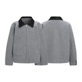 Grey tweed-weave zip-up jacket shown from front and back with a contrasting black collar