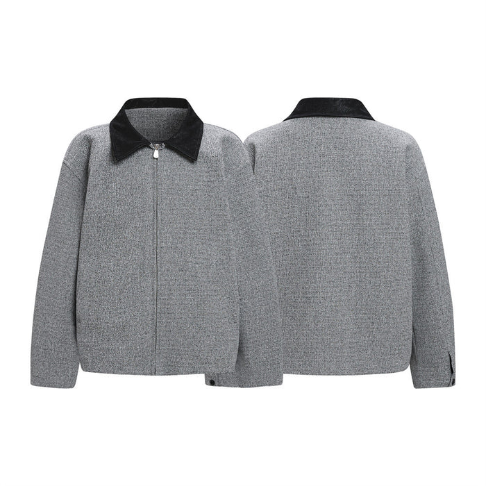 Grey tweed-weave zip-up jacket shown from front and back with a contrasting black collar