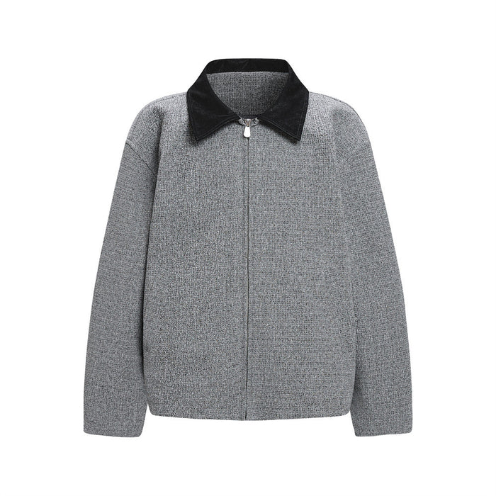 Men's grey chunky tweed-weave zip-up jacket with contrast black faux-leather point collar, front and back view