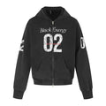 Black zip-up hoodie with front pocket and large '02' graphic, front view